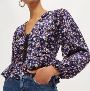 Topshop Blue Velvet Floral Cropped Long Sleeve Blouse